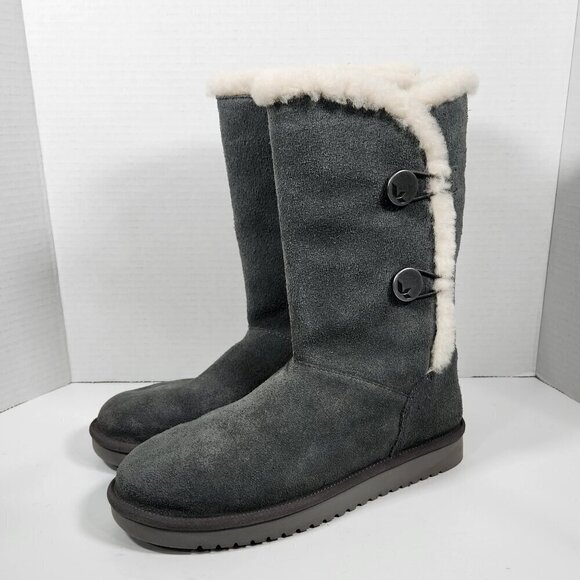 Koolaburra By Ugg Sz 9 Gray Suede Button Boots 9M Faux Fur Mid Calf - Picture 1 of 5